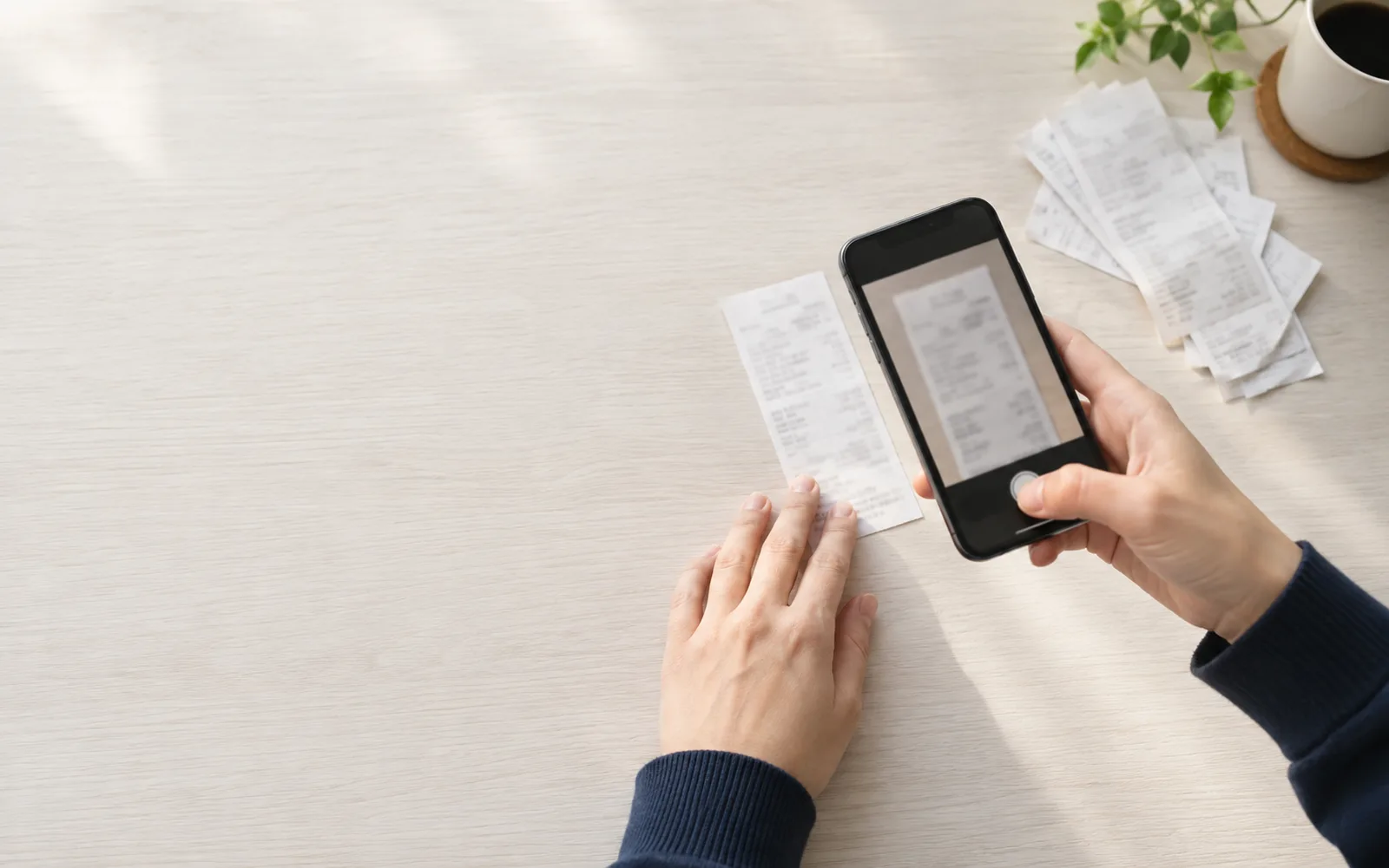レシートをスマートフォンで撮影している手元